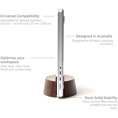 Nordik Adjustable Vertical Laptop Stand - Walnut - Premium Laptop Holder for Home Office, Software Engineers - Space Saving Desk Laptop Dock - Stable Non-Slip Wood Stand - Macbook Pro