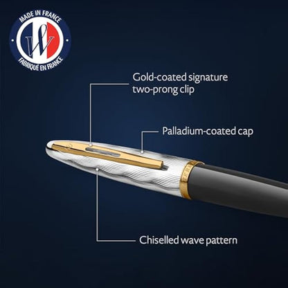 Waterman Carene Ballpoint Pen | Metal & Black Lacquer with Gold trim & Chiselled cap | Medium Tip | Blue Ink | Gift Box