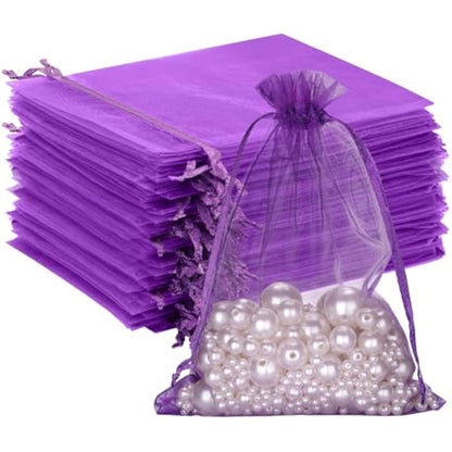G2PLUS Purple Organza Gift Bags: 13x18 CM Clear Mesh Pouches, 100 PCS Organza Jewellery Bags, Large Favour Pouches for Wedding, Birthday Party Supplies