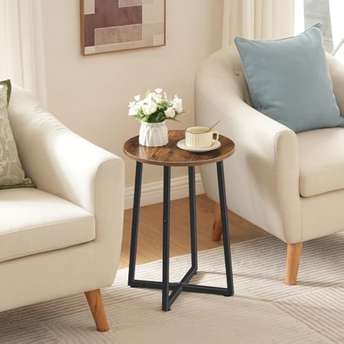 HOOBRO Side Table, Round Small Table, Small Bedside Table, Coffee Table with Metal Frame, Industrial Round Sofa Tables Hallway for Living Room, Sturdy,Rustic Brown EBF95BZ01