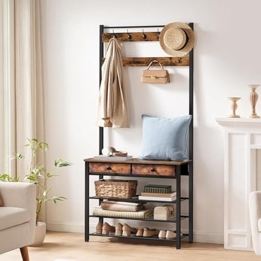 HOOBRO Coat and Shoe Rack, Coat Rack with Shoe Storage, Hall Tree with 2 Non-Woven Drawers, Coat and Shoe Storage for Hallway, Bedroom, Cloakroom, Rustic Brown and Black EBF81MT01