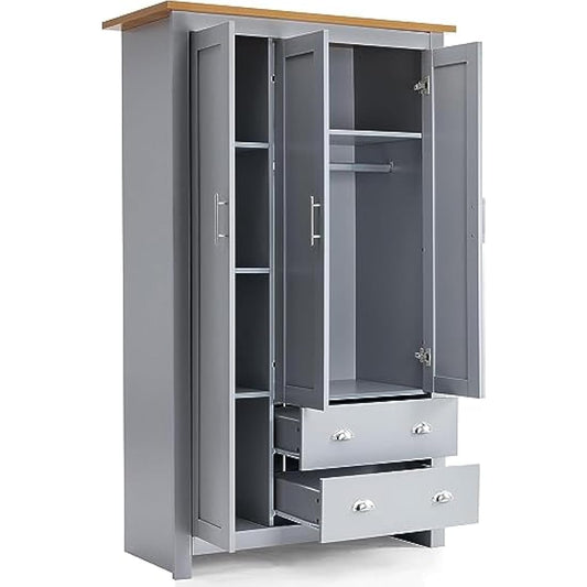 Blisswood 3 Door 2 Drawer Wardrobe For Bedroom MDF With Shelf Hanging Rail Cloth Storage Wooden Wardrobe With Drawer Large Cupboard Bedroom Furniture, Grey & Oak
