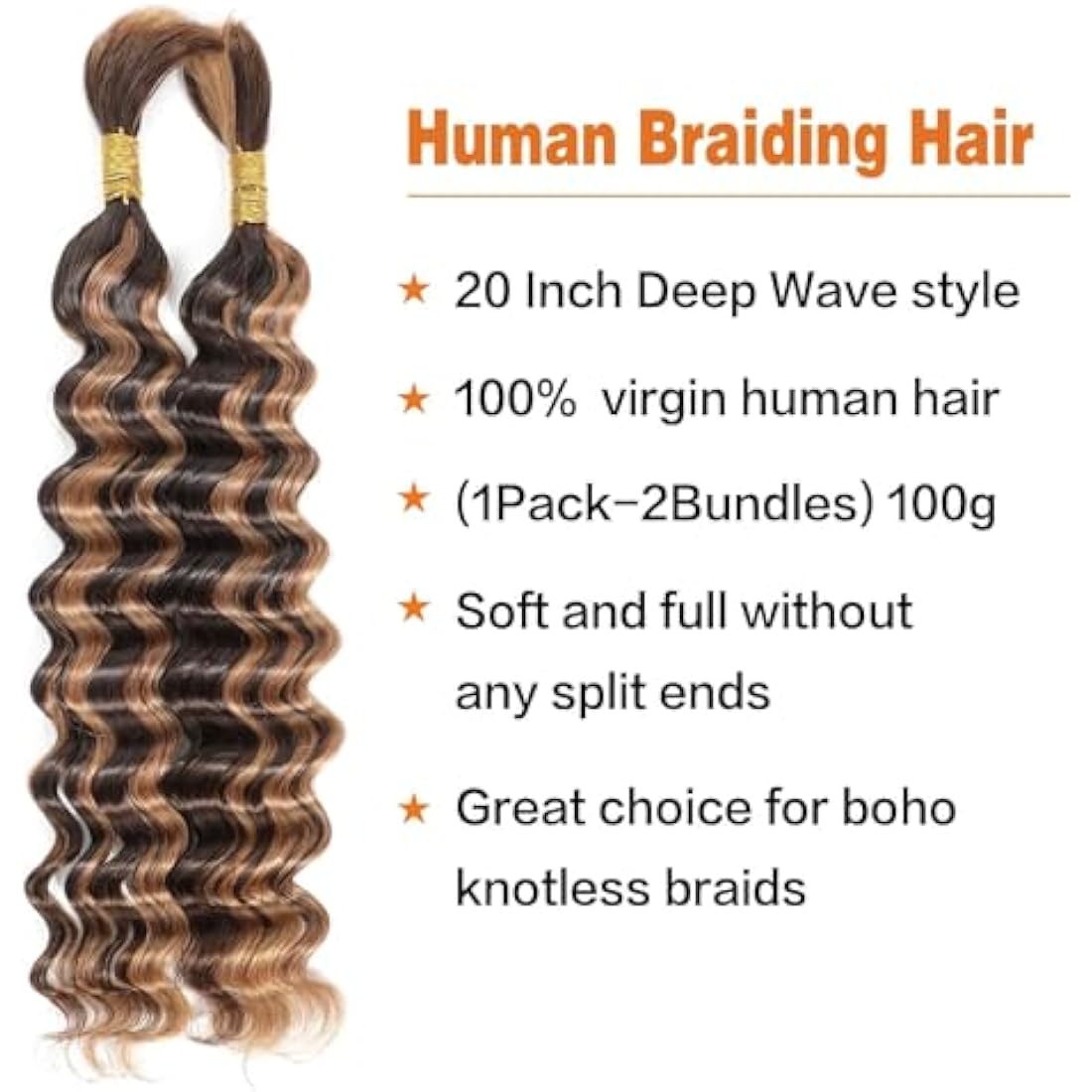 Bulk Human Braiding Hair Deep Wave Human Hair for Braiding Micro Braiding Hair Human Hair 100% Unprocessed Brazilian No Weft Human Hair 20 Inch (100g,4/27)