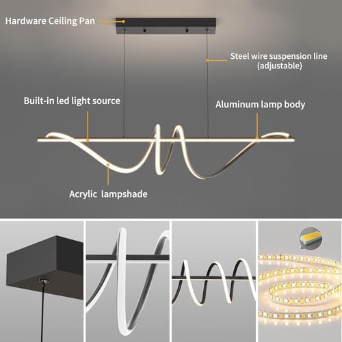 Mikeru 120CM Black Modern Pendant Light, Simple Spiral Dining Light Fixture with Remote Control, Hanging Lights with 1.5m Adjustable Cords for Dining Room Kitchen Island Living Room Restaurant Office