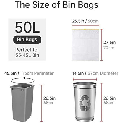 blkk Bin Bags Heavy Duty Bin Liners 50L Swing Bin Liners Strong Pedal Drawstring Bin Bags with Tie Handle Unscented 1 Roll, 20 Counts in All