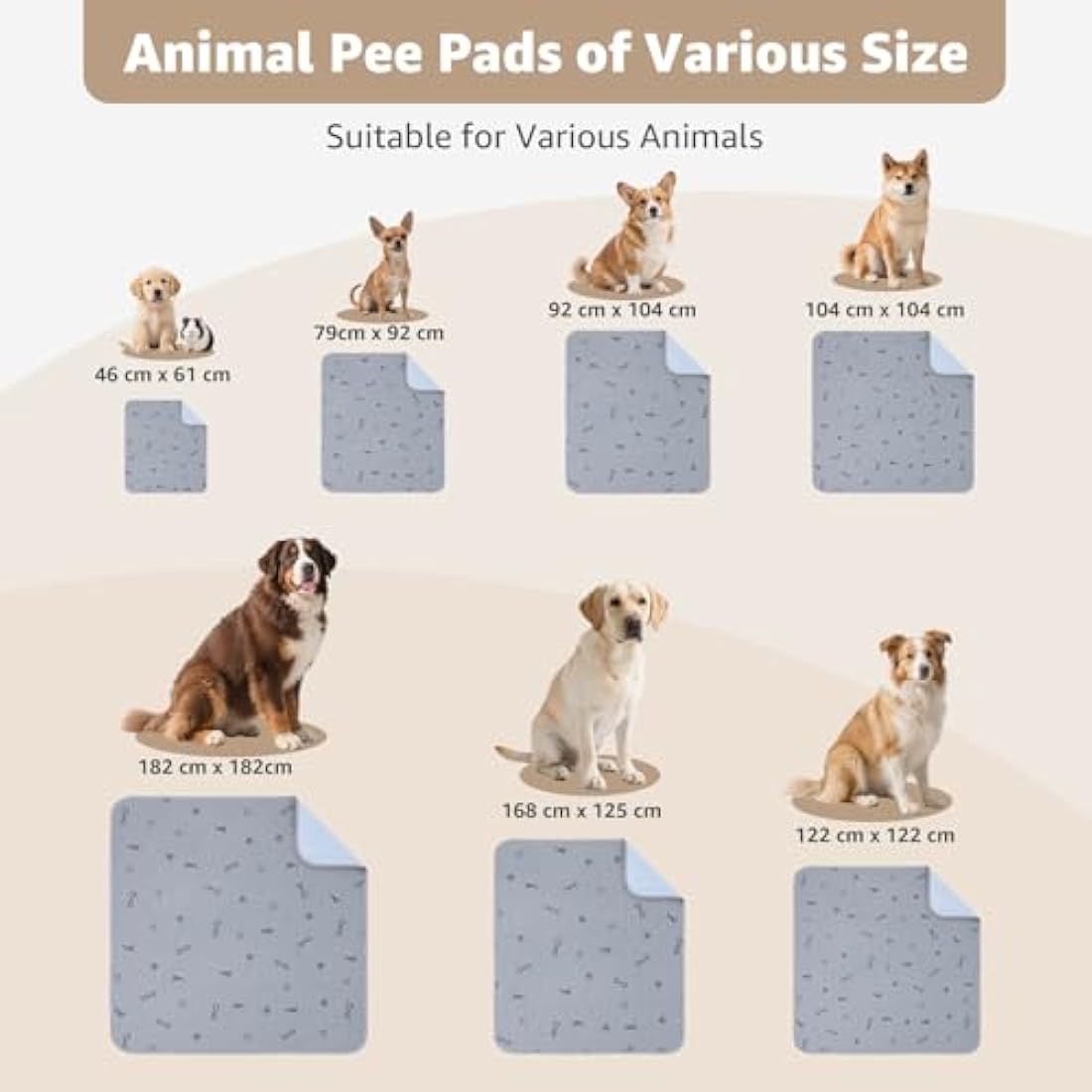 Washable Dog Pee Pad 182x182 Extra Large, Fast Absorbent Reusable Puppy Pads, Waterproof Pet Training Pads with Bone Print,Non-Slip Whelping Pad for Dog Playpen, Incontinence, Housebreaking