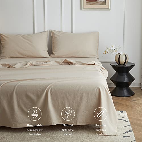 Simple&Opulence Double Flat Sheet,55% Linen 45% Cotton Luxury Cool Bed Sheet,Super Soft and Easy Care Flat Top Sheet,228 x 255 cm, Linen/Beige