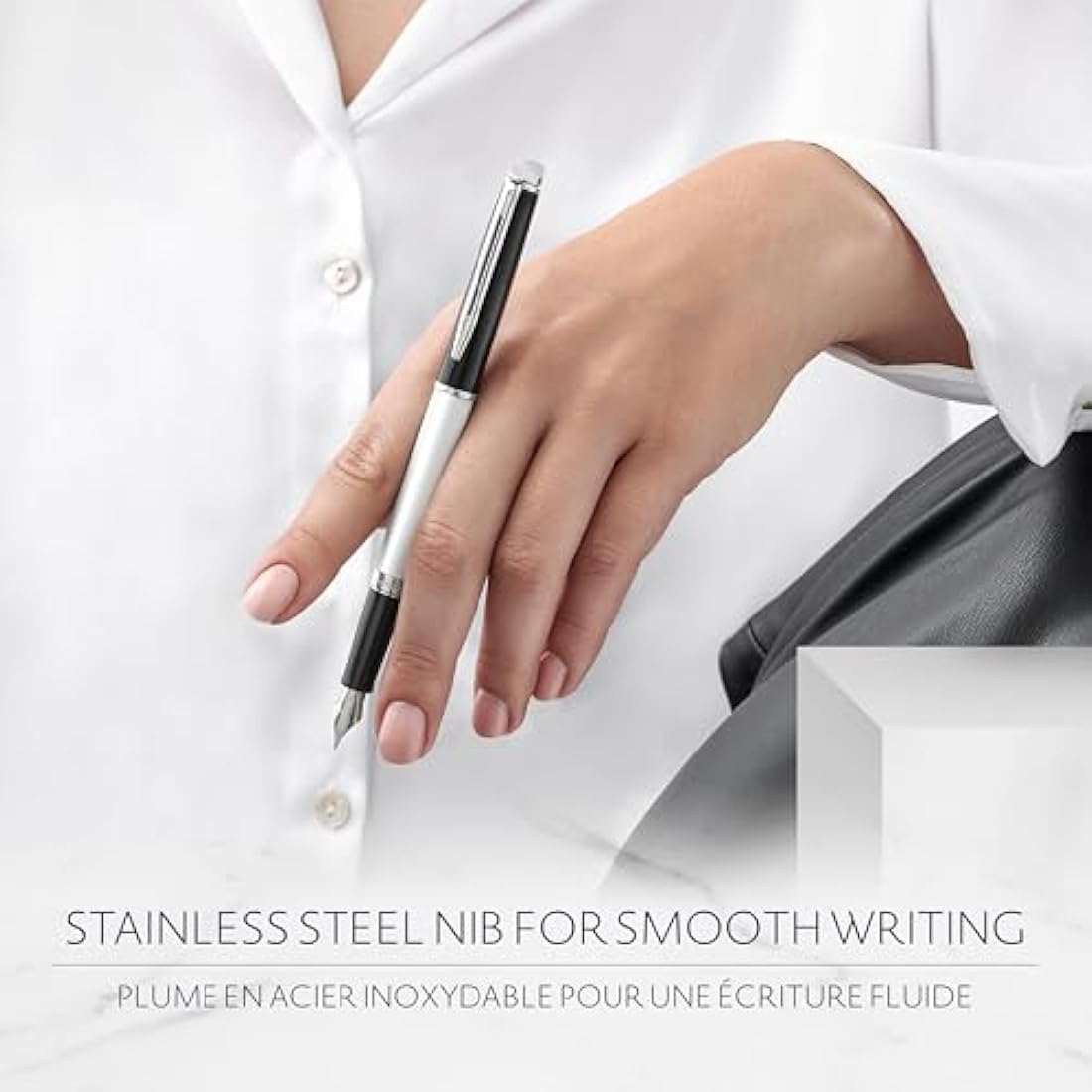 Waterman Hémisphère Fountain Pen | Black & White Lacquer with Palladium Coated Trim | Stainless steel Fine Nib | Blue Ink | Gift Box