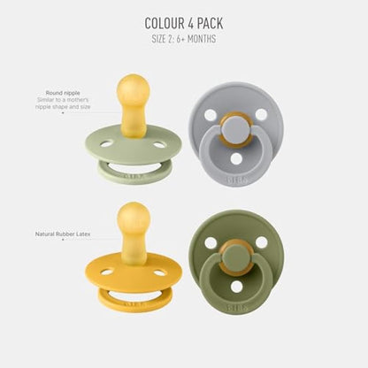 BIBS Dummies Colour 4-Pack, BPA Free Dummy Pacifier, Round Nipple Soothers, Natural Rubber Latex, Made in Denmark. 6-18 Months (Pack of 4), Green Garden Lush