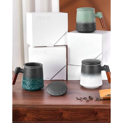 ZENS Tea Infuser Mug With Lid, 500ml Gradient Embossed Loose Leaf Ceramic Steeping Cup, Rosewood Handle, for Gifts - Black & Green