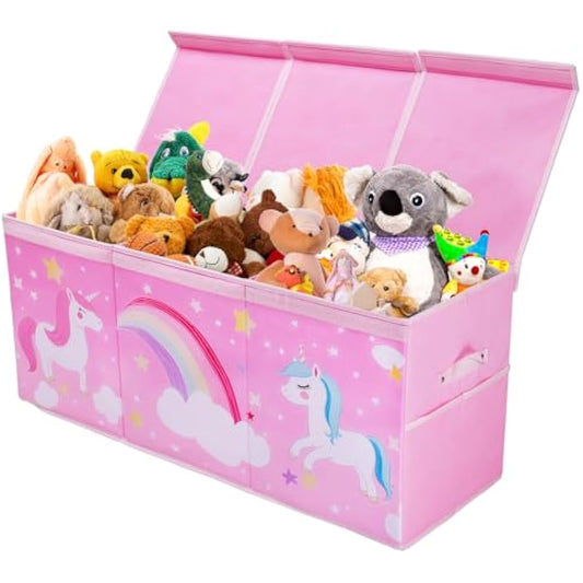 Decalsweet Unicorn Extra Large Kids Toy Storage Box with Lid,Foldable Oxford Toy Storage Organizer Box with Mesh Pockets for Girls-96×32×40cm-Toy Chest with Handles for Bedroom Nursery