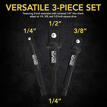 LEXIVON Impact Socket Adapter Combo Kit, 7-Piece Increaser, Reducer & Extension Set | 1/4"-3/8"-1/2" Impact Driver Conversions, Active Rust Protection by Black-Phosphate Coating Treatment (LX-109)