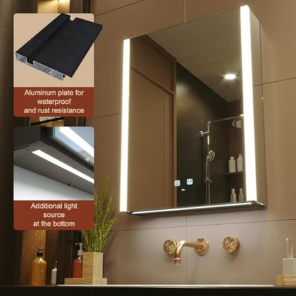 KWW LED Mirror Medicine Cabinet with Lights, LED Medicine Cabinet w/Defogger, Dimmer, 3 Color Light Makeup Mirror (55 x 70 cm)