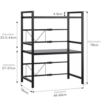Multibao Expandable Microwave Shelf, 3 Tier Microwave oven Rack Stand Storage Holder Kitchen Corner Shelf Desktop Printer Shelf Rack, Bakers Rack (Black)