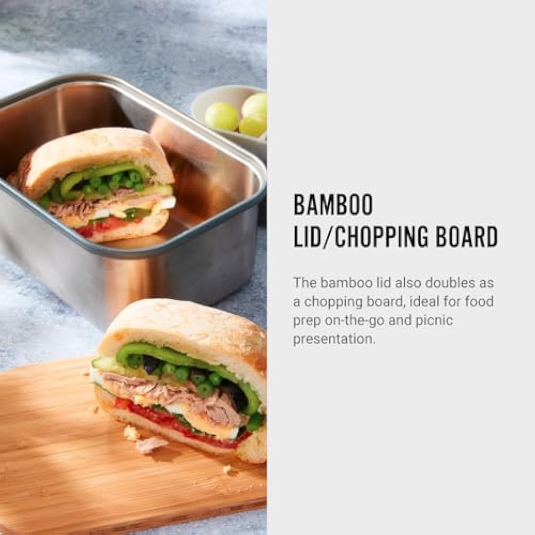 BLACK + BLUM BAM-SB-L005 Plastic Free Meal Prep Lunch Box Food Container with Bamboo Lid, Ocean Sandwich, Stainless Steel (304/18-8), Silicone, Anti-Bacterial, 1.25 liters