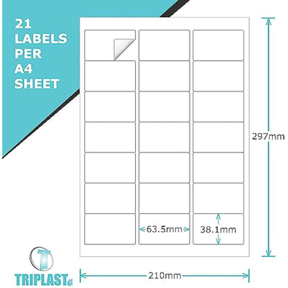 Triplast 50 x Multipurpose A4 Label Sheets - 21 Labels Per Sheet (64 x 38mm Each) - Easy Peel White Labels for Inkjet & Laser Printer - Address Labels, Shipping Labels, File Labels, DIY Stickers