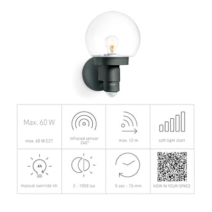 Steinel Outdoor Wall Light L 115 S Anthracite, 240 Motion Sensor, 12 m Range, Basic Light, Continuous Light, Soft Light Start