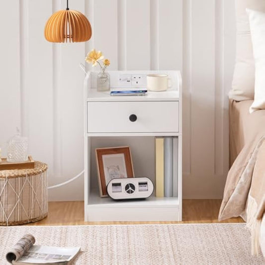 HOOBRO Bedside Table with Charging Station, Sofa Side Table with USB, Bed Side End Table with Socket and 2 USB Ports, Nightstand with Drawer, for Bedroom, Living Room, White EWT18KBZ01