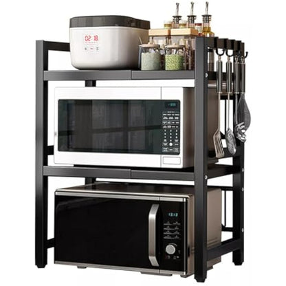 Multibao Expandable Microwave Shelf, 3 Tier Microwave oven Rack Stand Storage Holder Kitchen Corner Shelf Desktop Printer Shelf Rack, Bakers Rack (Black)