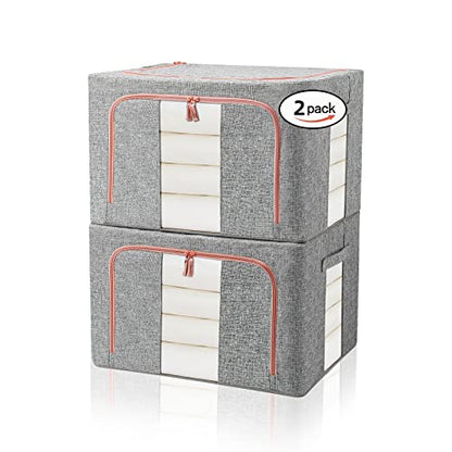 FUSACONY Closet Organizers and Storage, Foldable Oxford Cloth Steel Frame Box,2 Pack,Clear Window & Carry Handles, Waterproof, can Hold Large-capacity