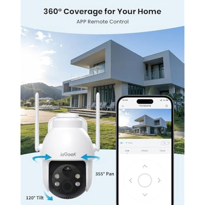 ieGeek 2K Solar Security Camera Outdoor Wireless, 360° Pan Battery Camera with Solar Panel, Wifi CCTV Camera Systems, Color Night Vision, PIR Motion Detection, 2-Way Audio, Works with Alexa