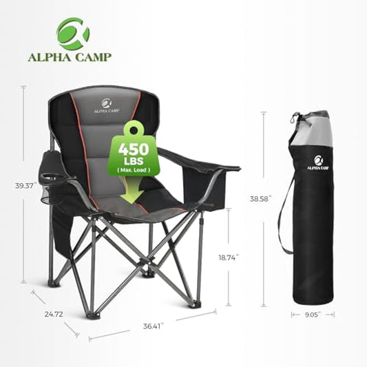 ALPHA CAMP Set of 2 Camping Chairs for Adults Heavy Duty Camping Chair Up to 200 kg Folding Camp Chairs with Cup Holder and Cooler Bag for Outdoor Picnic Fishing, Lightweight and Portable, Black
