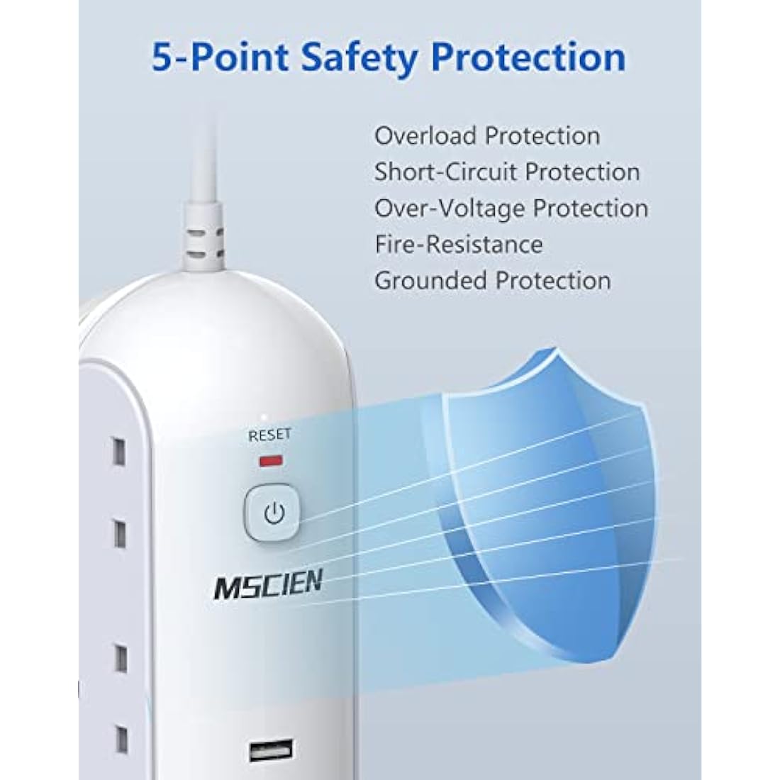 Mscien 5M Extension Lead with USB Slots, 6 Way Sockets 5 USB(1 USB- C and 4 USB-A Port) with 5 Metres Extension cord, 3250W Overload Protection, Security Surge Protection Plug Extension Socket