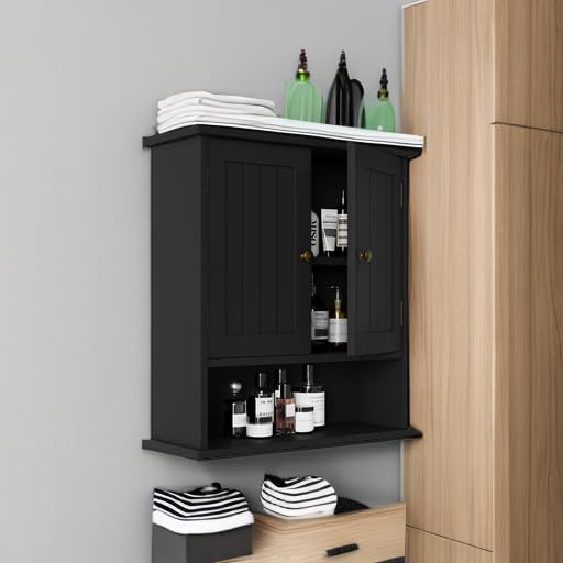Smuxee Black Bathroom Cabinet, 2-Door Wall Mounted Medicine Cabinet with 5 Adjustable Shelves, 21.5L x 7.8W x 23.6H in., Bathroom Storage