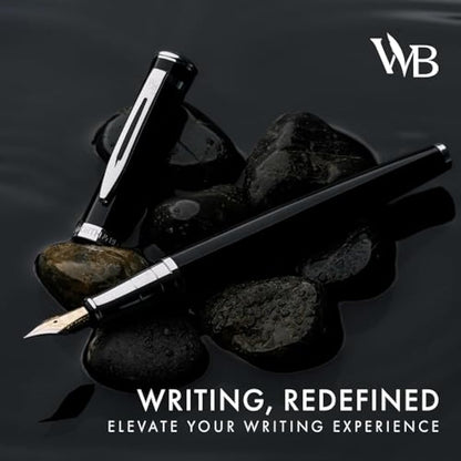 Wordsworth & Black Fountain Pen Set, Extra Fine Nib, Includes 24 Pack Ink Cartridges, Ink Refill Converter & Gift Pouch, Chrome Finish, Calligraphy, [Black Chrome], Perfect for Men & Women