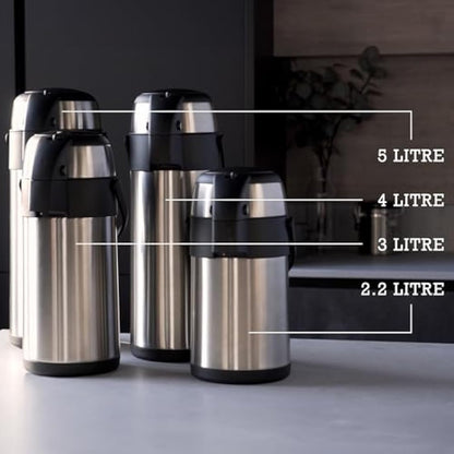 Pioneer Flasks Stainless Steel Airpot Hot Cold Water Tea Coffee Dispenser Conference Event Flask, Satin Finish, 4 litres