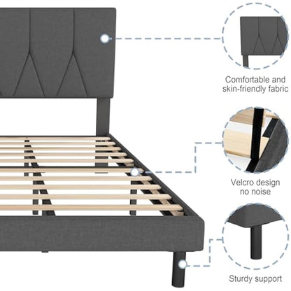 Yocreat King Bed Frame, Dark Grey, Upholstered Wooden Slat Bed Frame with Headboard, Easy Assembly, Underbed Storage, No Box Spring Needed 150×200