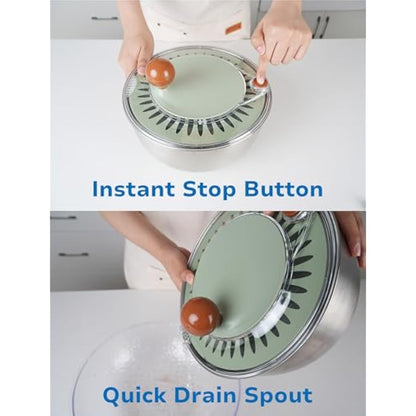 Lunememo Stainless Steel Salad Spinner, Lettuce Spinner with Drain, Non-Slip Base, Stop Button, Vegetable Dryer, BPA Free, 5L