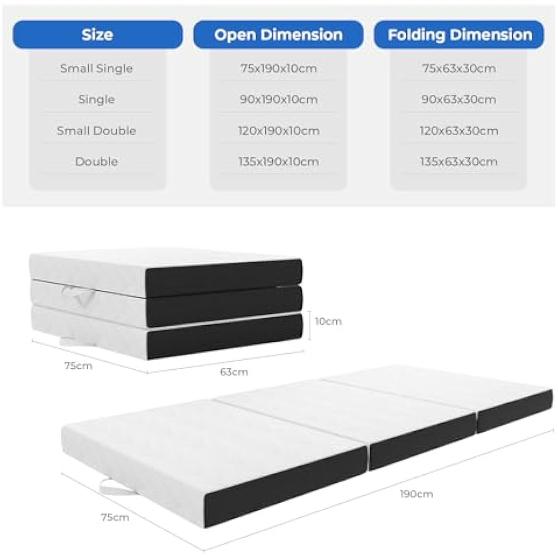 Vesgantti Folding Mattress Double, 10CM Gel Memory Foam Foldable Mattress Tri-fold for Travel, Camping, Guest Bed - 100-Night Trial, CertiPUR-US Certified