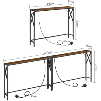 MAHANCRIS 2 Pack Console Table with Charging Station, 100 CM Narrow Sofa Table, Long Entryway Table, Hallway Table with USB Ports, Behind Couch Table with Power Outlets, Rustic Brown ACTHR151KE01S2VN1