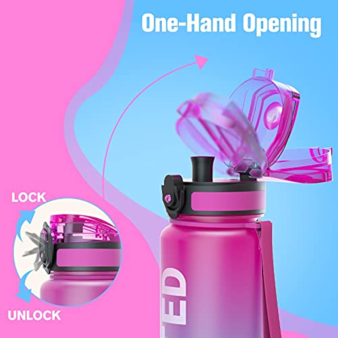 Sahara Sailor Leakproof Water Bottle 1L/500ML/750ML, Tritan BPA Free Motivational Sport Drinks Bottle with Clear Time Marker, Lock Cover, Easy Clean Brush, Durable for Gym, School, Cycling (1 Bottle)