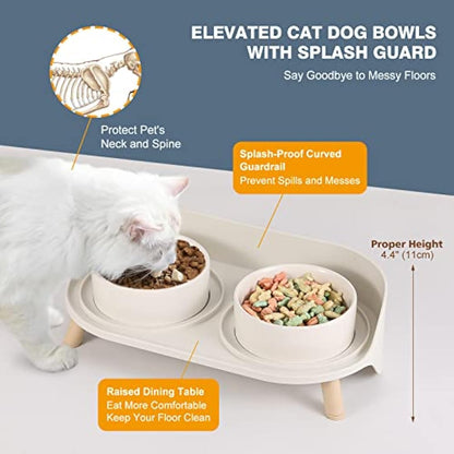 Raised Ceramic Cat Food Bowl Set - Elevated Dog Bowls with Non-Slip Stand - Tall Cat Dishes - 2 x 480 ML - 16.2 OZ