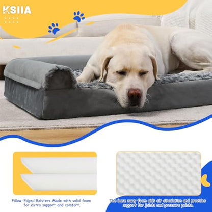KSIIA Extra Large Dog Bed, XL Orthopedic Dog Sofa Beds with Removable Washable Cover, Waterproof Dog Bed, Pet Sofa Bed with U-Shape Bolster, Grey 111x81x18cm