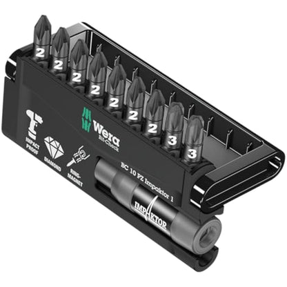 Wera Bit-Check 10 PZ Impaktor 1 TriTorsion Long Life Pozidriv bit set for all impact drills, with Impaktor holder, 10pc, 05057684001