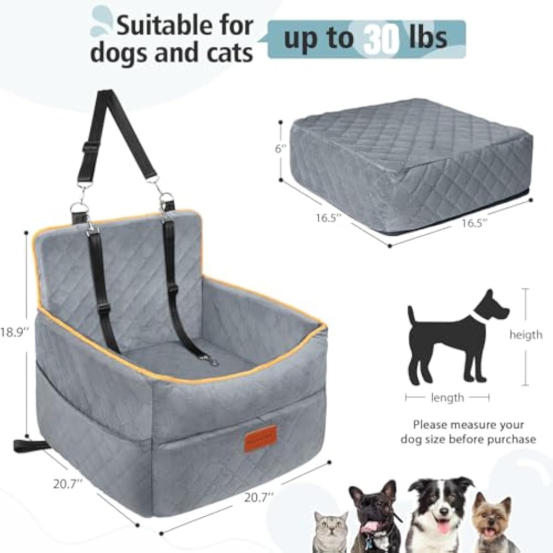HEGGCOOE Small Dog Car Seat, Memory Foam Dog Booster Seats with Thick Cushion for Medium Dogs Under 35lbs, Detachable Washable Pet Car Seat with Storage Pockets,2 Safety Belts