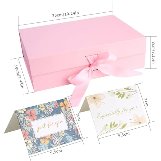 Christmas Pink Gift Box with Ribbon, Luxury Premium Magnetic Present Boxes with Lids, Large Rectangle Gift Packaging Decorative Presentation Box for Present Gifts, with Shredded Paper, Cards