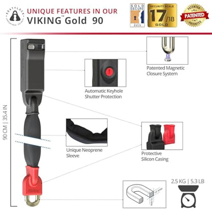 Seatylock Viking Bike Chain Lock with Key - Magnetic Patented Sold Secure Silver Rated - Heavy Duty Anti Theft - Smart Ultra Security Bicycle Lock (90 CM - 35.4")