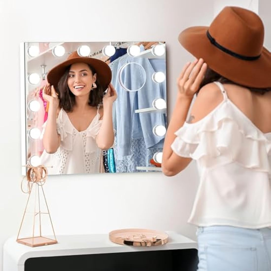 Dripex Hollywood Vanity Mirror with Lights, 50×42cm Large Lighted Makeup Mirror with 14 Dimmable LED Bulbs, USB Cable, Touchscreen Control, Cosmetic Tabletop Mirror for Bedroom, Dressing Room(White)