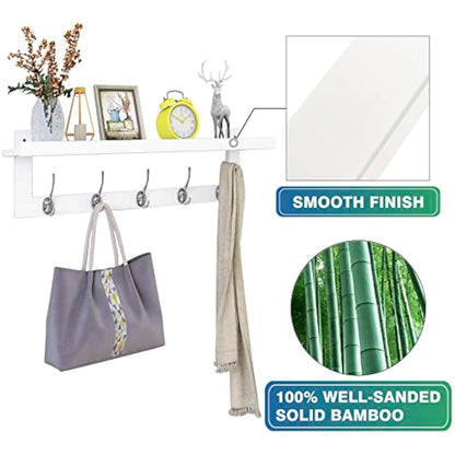 SMIBUY Coat Hooks with Shelf Wall-Mounted, 74 cm Entryway Coat Rack for Wall, Bamboo Hanging Shelf with 5 Double Metal Hooks for Bathroom, Bedroom, Kitchen, Living Room, Mudroom (White)