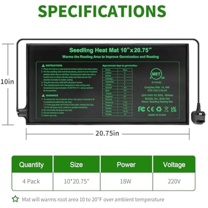 RC SLL Seedling Heat Mat 10" x 20.75",Waterproof Plant Hydroponic Heating Mat for Seed Starting,Plant Germination and Reptile with Power-Off Protection（4 Pack）