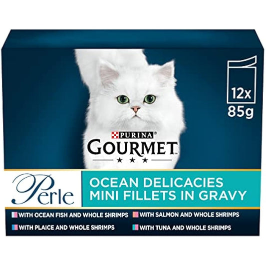 GOURMET Perle Mini Fillets in Gravy Ocean Delicacies (Salmon,Tuna,OceanFish,Plaice) Wet Cat Food Pouch 12x85g, Pack of 4