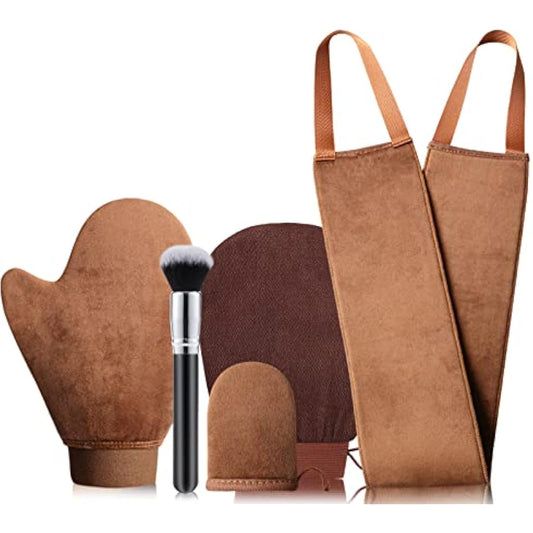 GAIYAH Self Tanning Mitt Kit - 5 in 1 Fake Tan Mitt Set,Self Tan Mit Glove, Tanning Brush, Exfoliating Gloves, Lotion Applicator for Back Tanner Applicator