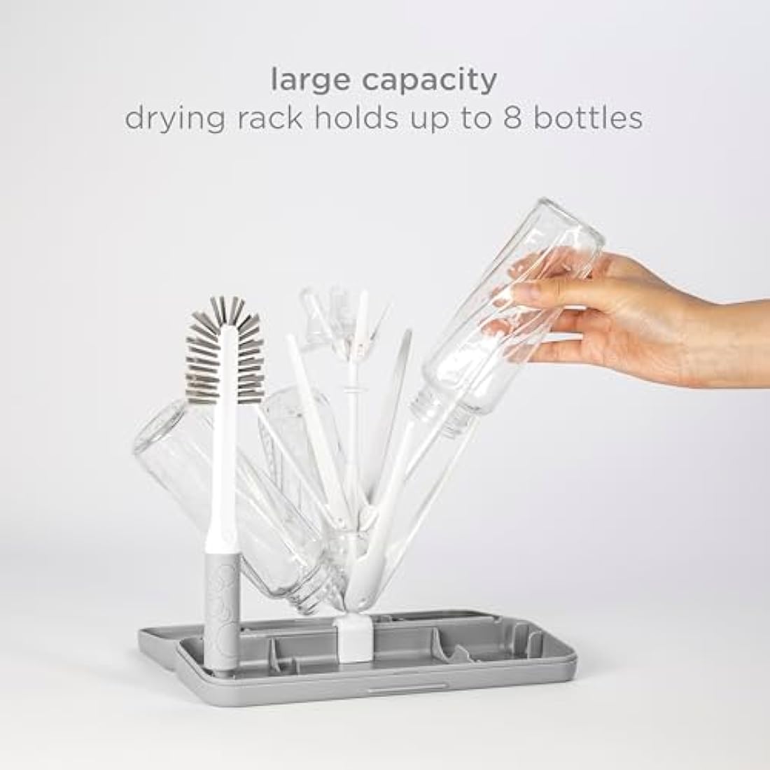Ubbi On-The-Go Drying Rack and Brush Set, Includes Travel Case and Bottle Brush for Compact Storage, Holds Up to 8 Bottles, Baby Travel Accessories, Gray