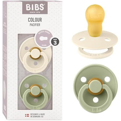BIBS Colour Soother 2-Pack, BPA Free Dummy Pacifier, Round Nipple. Natural Rubber Latex, Size 3 (18+ Months), Ivory/Sage