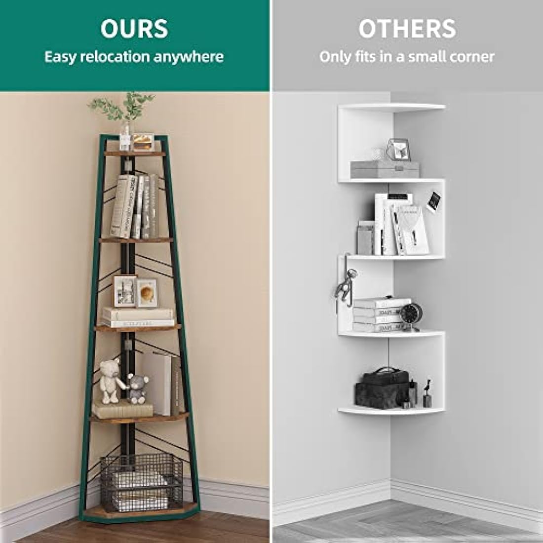 YITAHOME Corner Shelf 5 Tiers, Industrial Bookshelf Modern Floorstanding Corner Bookcase Ladder Shelf Wooden Open Display Shelving Unit for Living Room, Hallway, Home Office, Rustic Brown Book shelf