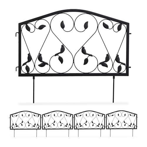 Relaxdays Garden Edging, 4 Piece Set, HxW: 33 x 225 cm, Flowerbed Border Fence, Push-In, Iron, Leaf Design, Black